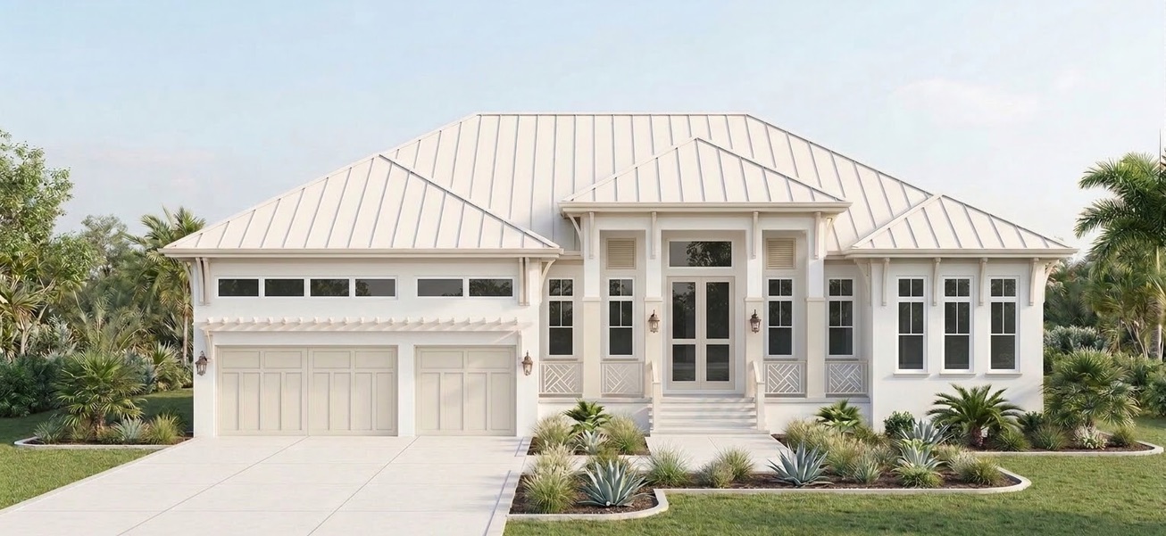 Rendering of Cara Court, a new white coastal home with metal roof on Marco Island