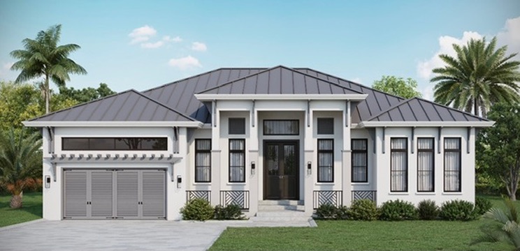 Architectural rendering of a white home with a gray metal roof